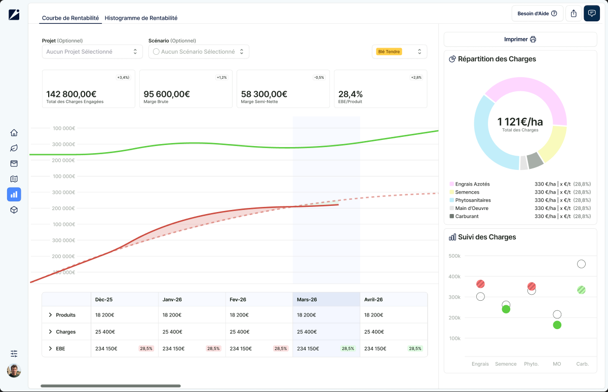 Interface TerraGrow — calcul du prix de revient